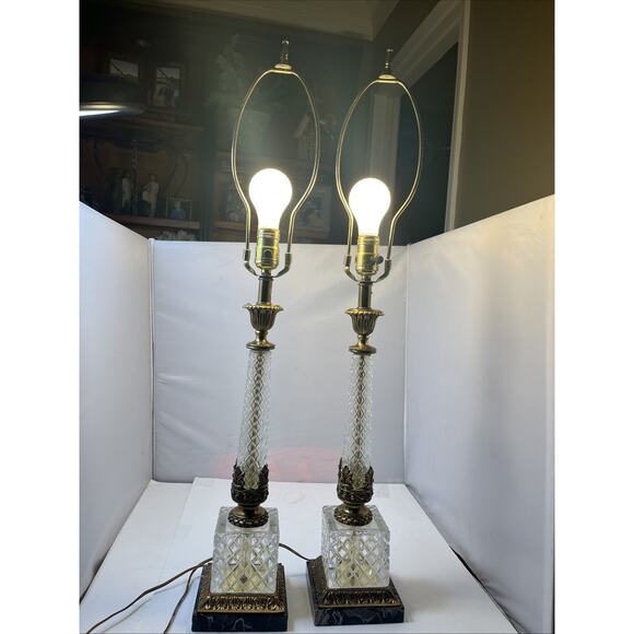 Antique Bronze & Crystal & Marble Column Lamps 32” Tall MCM - Picture 2 of 16